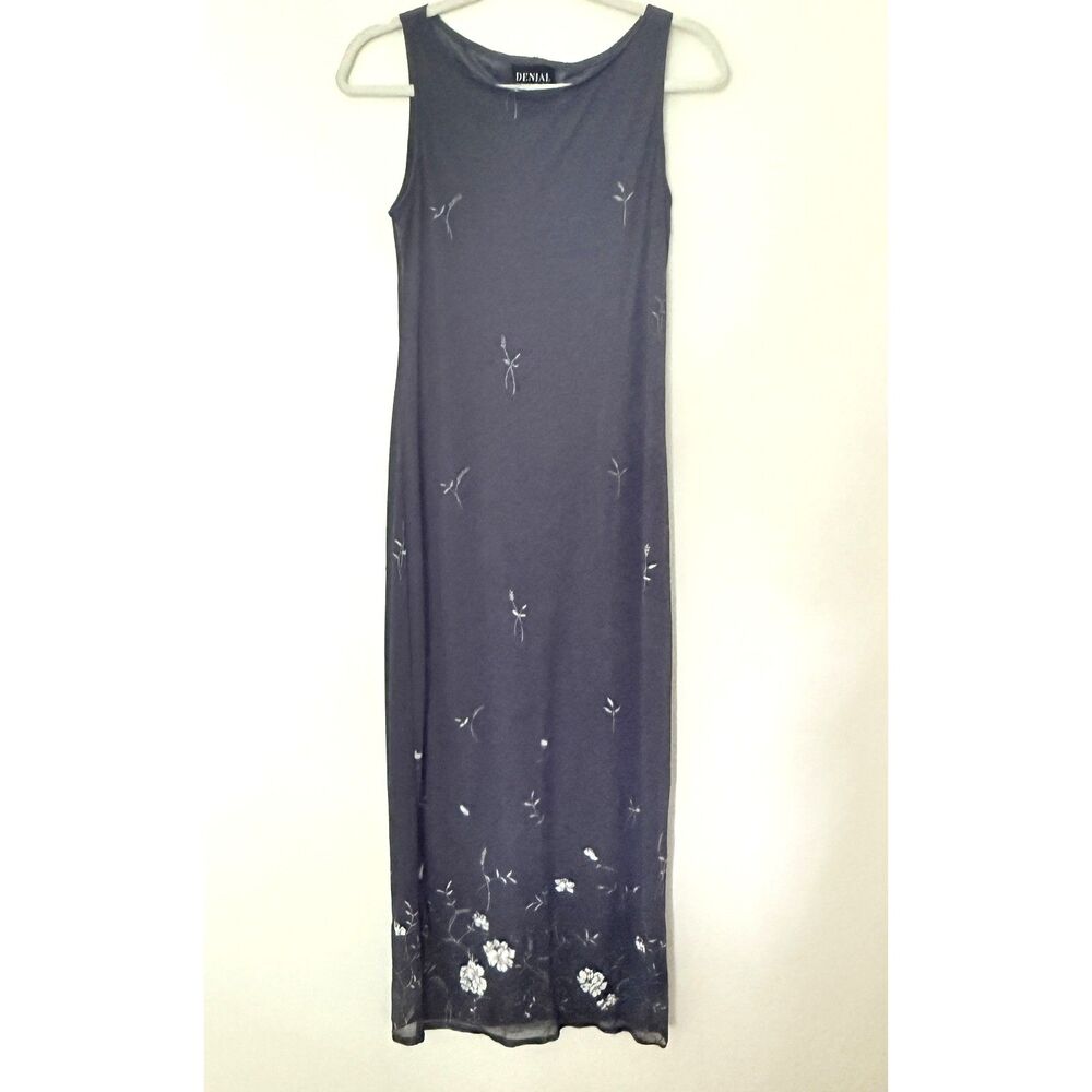 VTG Denial 90s Gray Floral Hem Sleeveless Chiffon Maxi Dress Whimsigoth  Sz L